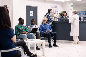Patients at a clinic reception area checking in for medical appointments.